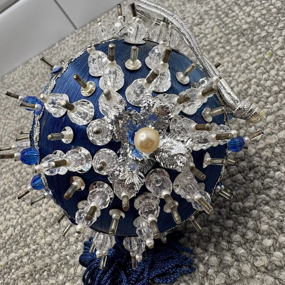 Vtg Silky Blue Christmas Ornament ‎ Pin Satin Beaded With Tassel Unique